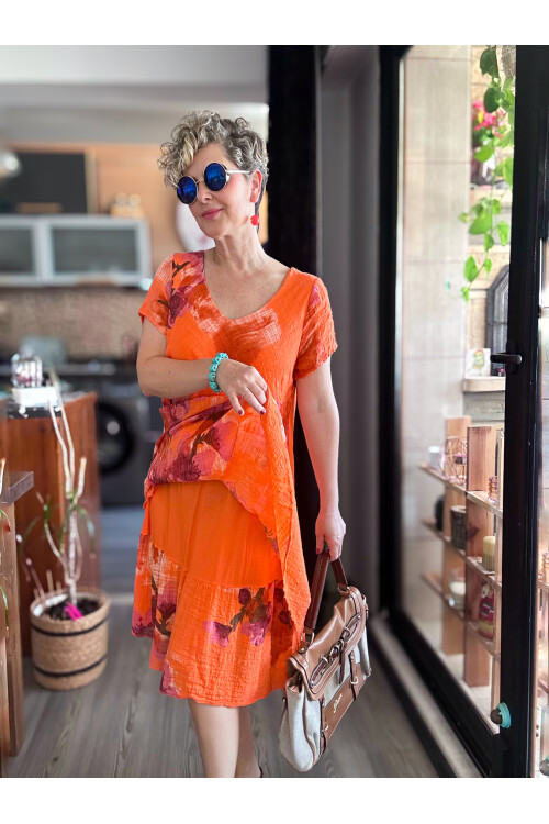 Cello İtalyan Zambak Desenli Elbise Turuncu