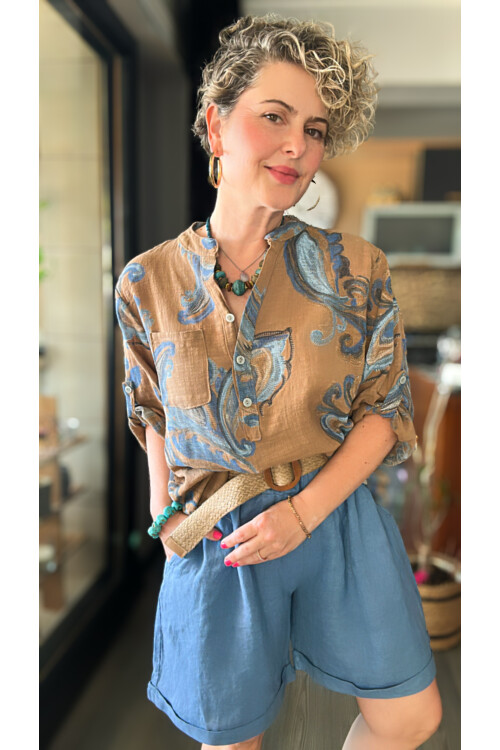 Citta Şal Yaprak Desen İtalyan Gömlek Cappuccino