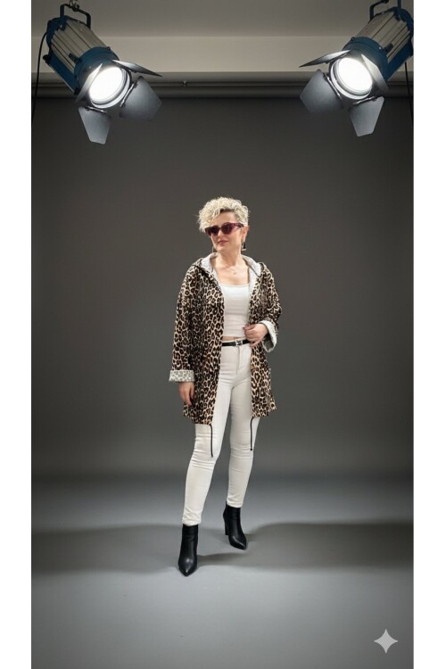 Dazza Tasarım Leopar Desen Sırt Pul Detay Ceket