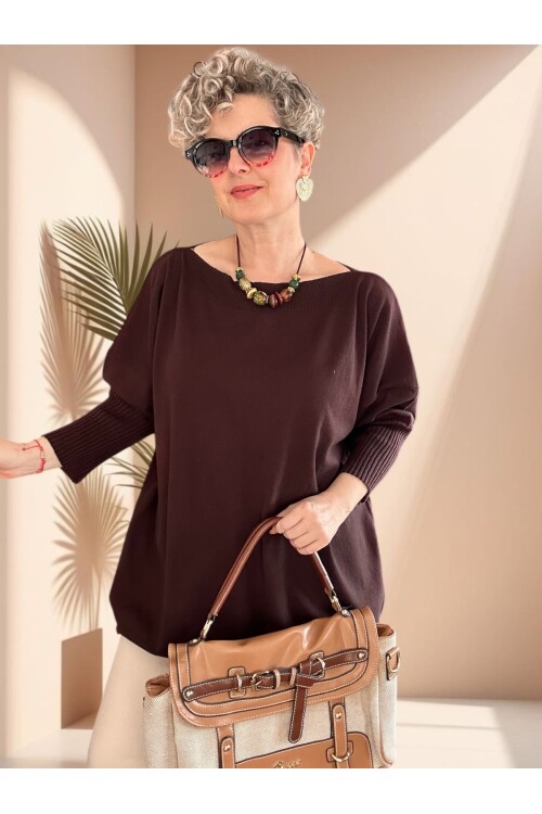 Delfi Tasarım Kayık Yaka Triko Bluz Acı Kahve