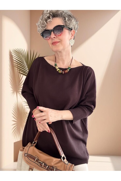 Delfi Tasarım Kayık Yaka Triko Bluz Acı Kahve