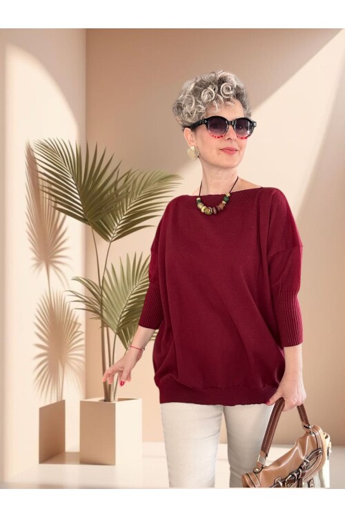 Delfi Tasarım Kayık Yaka Triko Bluz Bordo