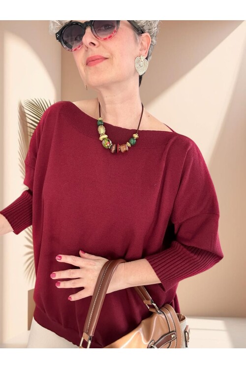Delfi Tasarım Kayık Yaka Triko Bluz Bordo