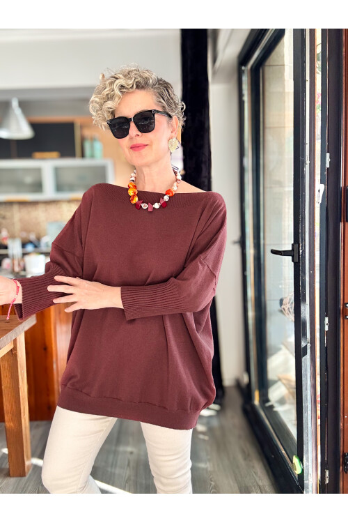 Delfi Tasarım Kayık Yaka Triko Bluz Kahverengi