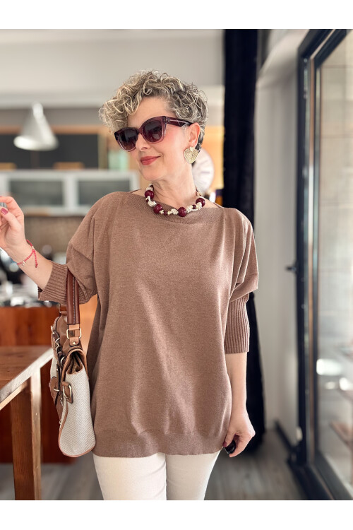 Delfi Tasarım Kayık Yaka Triko Bluz Vizon