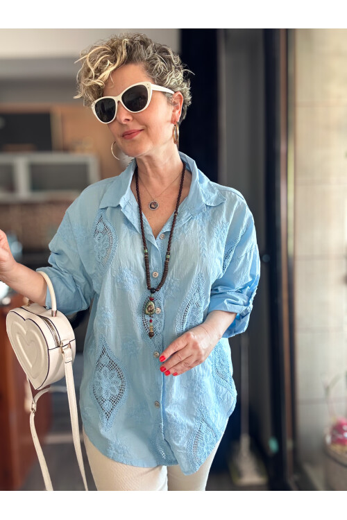 Disse İtalyan Fisto Oval Çiçek Desen Gömlek Bebe Mavi