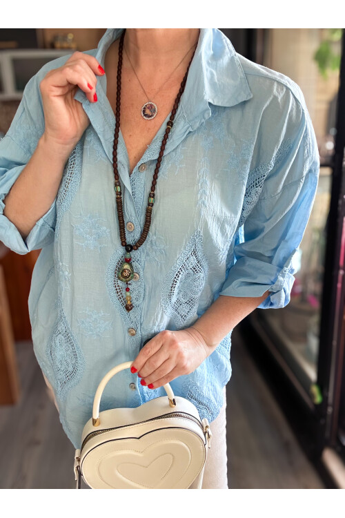 Disse İtalyan Fisto Oval Çiçek Desen Gömlek Bebe Mavi