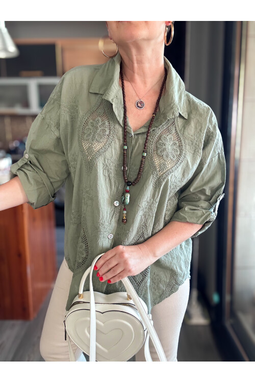 Disse İtalyan Fisto Oval Çiçek Desen Gömlek Haki