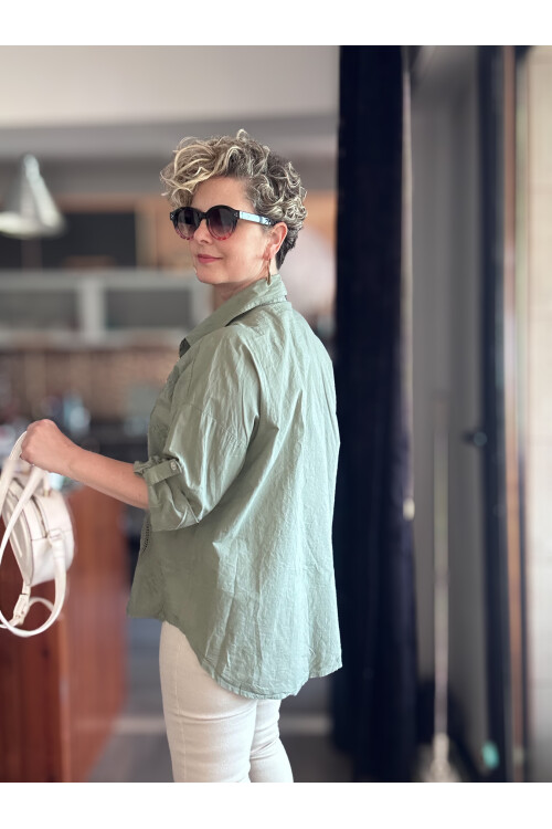 Disse İtalyan Fisto Oval Çiçek Desen Gömlek Haki