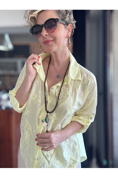 Disse İtalyan Fisto Oval Çiçek Desen Gömlek Sarı