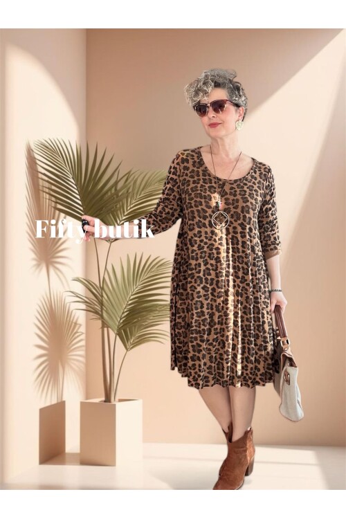 Dutti İtalyan Leopar Desen Kolyeli Pilise Elbise Cappuccino