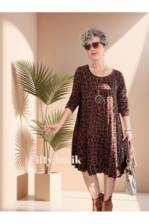 Dutti İtalyan Leopar Desen Kolyeli Pilise Elbise Tarçın