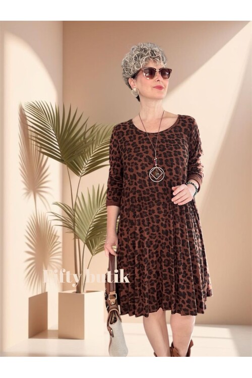 Dutti İtalyan Leopar Desen Kolyeli Pilise Elbise Tarçın