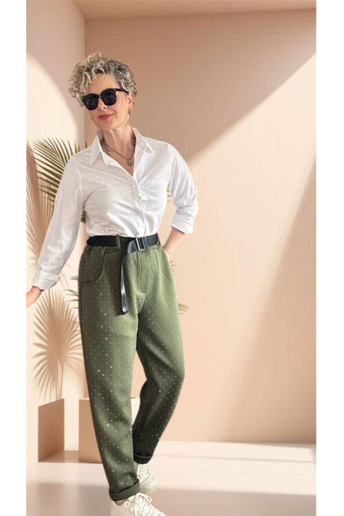 Effos İtalyan Taşlı Kemerli Pantolon Haki