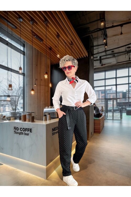 Effos İtalyan Taşlı Kemerli Pantolon Siyah