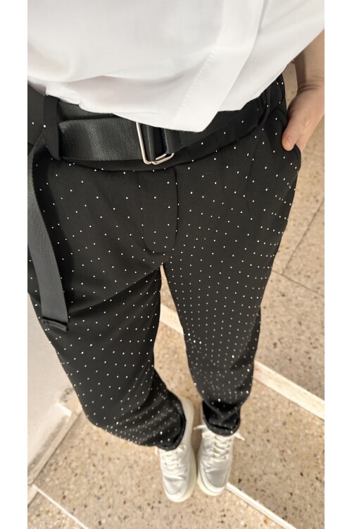 Effos İtalyan Taşlı Kemerli Pantolon Siyah