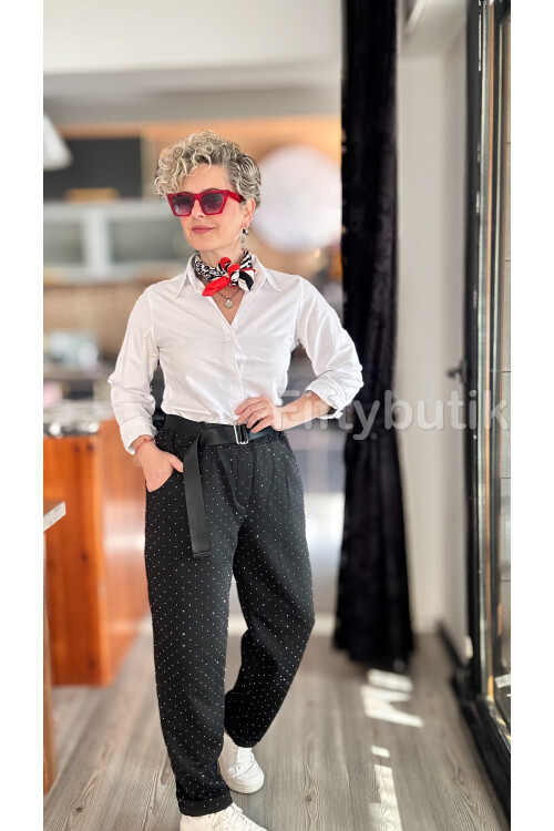 Effos İtalyan Taşlı Kemerli Pantolon Siyah