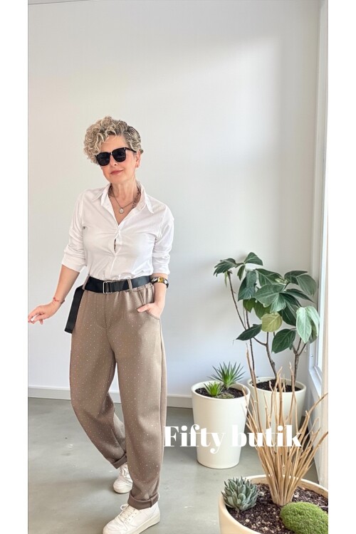 Effos İtalyan Taşlı Kemerli Pantolon Vizon