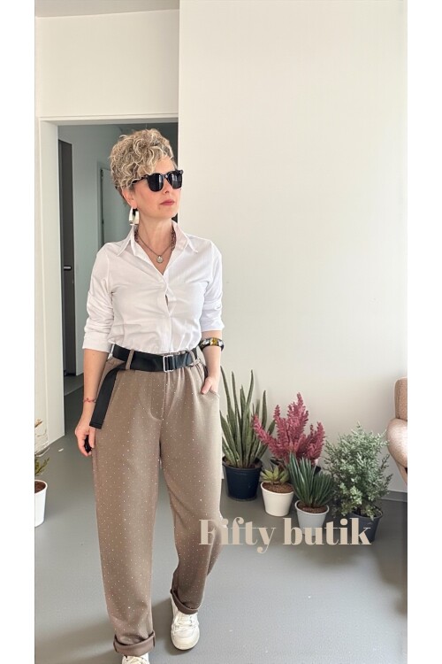 Effos İtalyan Taşlı Kemerli Pantolon Vizon