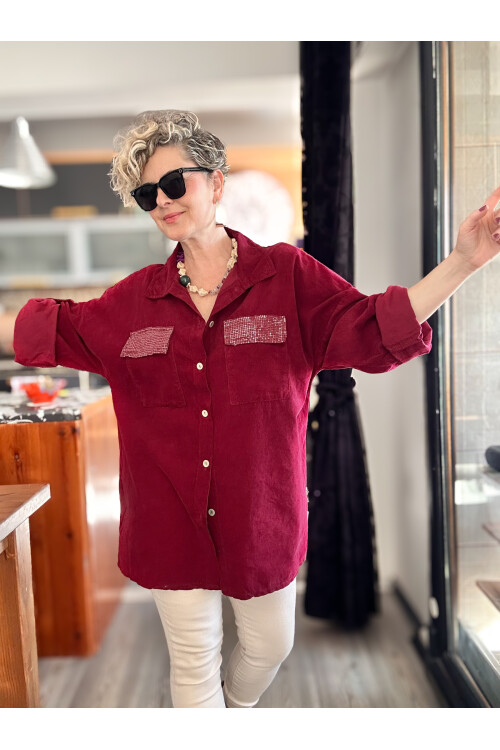 Ensana İtalyan Kadife Cep Pul Gömlek Bordo
