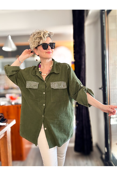 Ensana İtalyan Kadife Cep Pul Gömlek Haki