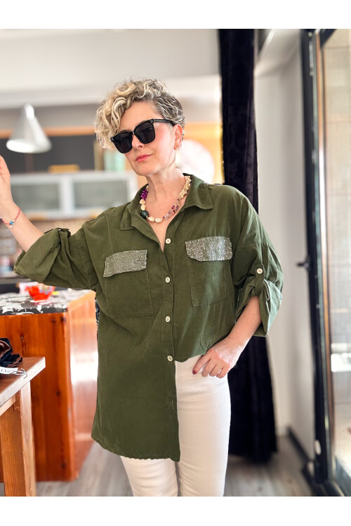 Ensana İtalyan Kadife Cep Pul Gömlek Haki