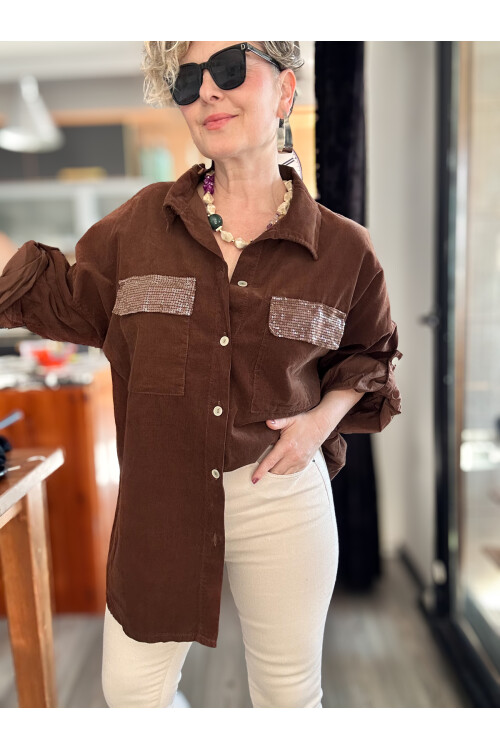 Ensana İtalyan Kadife Cep Pul Gömlek Kahve