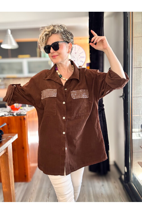 Ensana İtalyan Kadife Cep Pul Gömlek Kahve