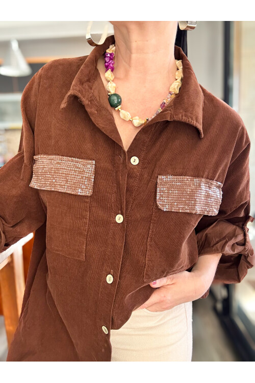 Ensana İtalyan Kadife Cep Pul Gömlek Kahve