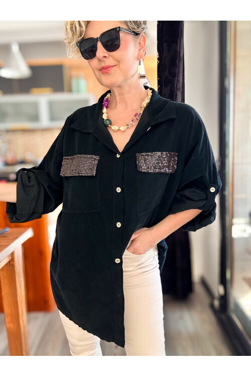 Ensana İtalyan Kadife Cep Pul Gömlek Siyah