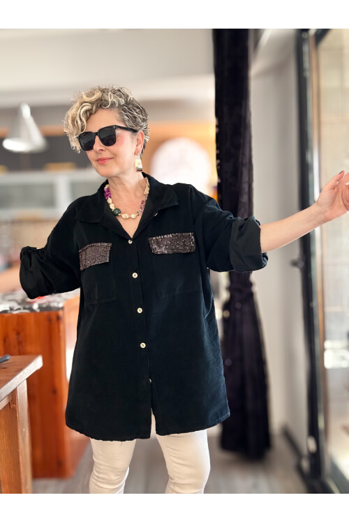 Ensana İtalyan Kadife Cep Pul Gömlek Siyah