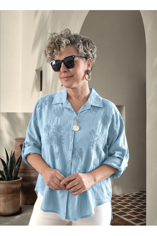 Eyyo İtalyan Dolgu Çiçek Desen Gömlek Bebe Mavi