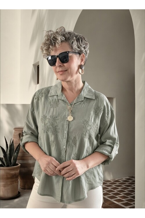 Eyyo İtalyan Dolgu Çiçek Desen Gömlek Haki Yeşil