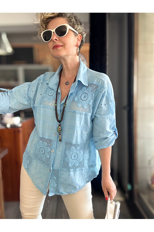 Eyyo İtalyan Fisto Kare Çiçek Desen Gömlek Bebe Mavi