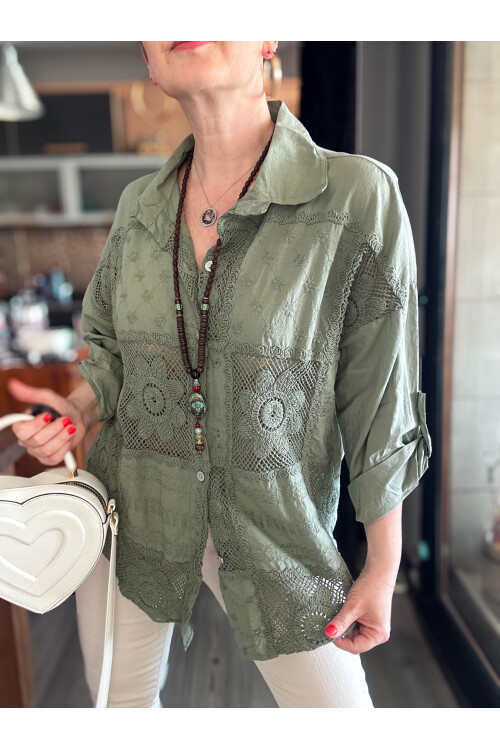 Eyyo İtalyan Fisto Kare Çiçek Desen Gömlek Haki