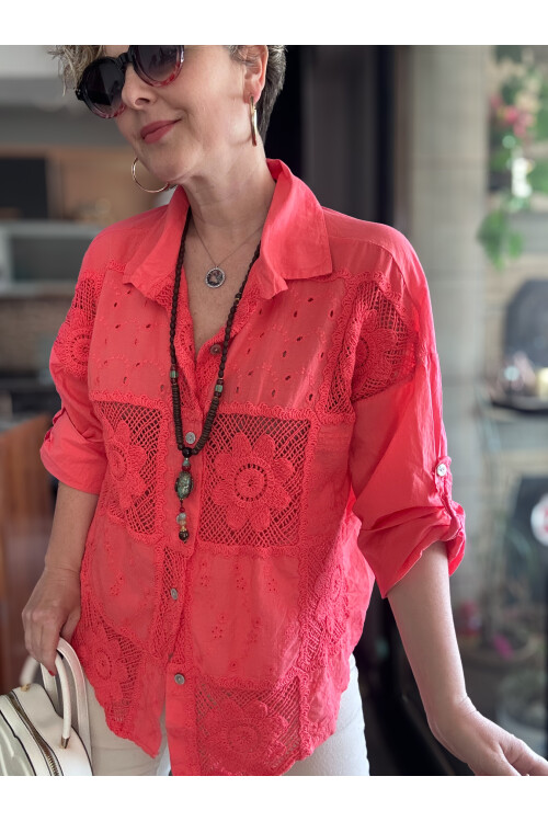 Eyyo İtalyan Fisto Kare Çiçek Desen Gömlek Mercan