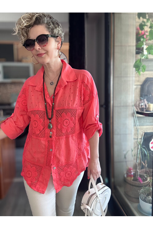 Ferru İtalyan Fisto Kare Çiçek Desen Gömlek Mercan