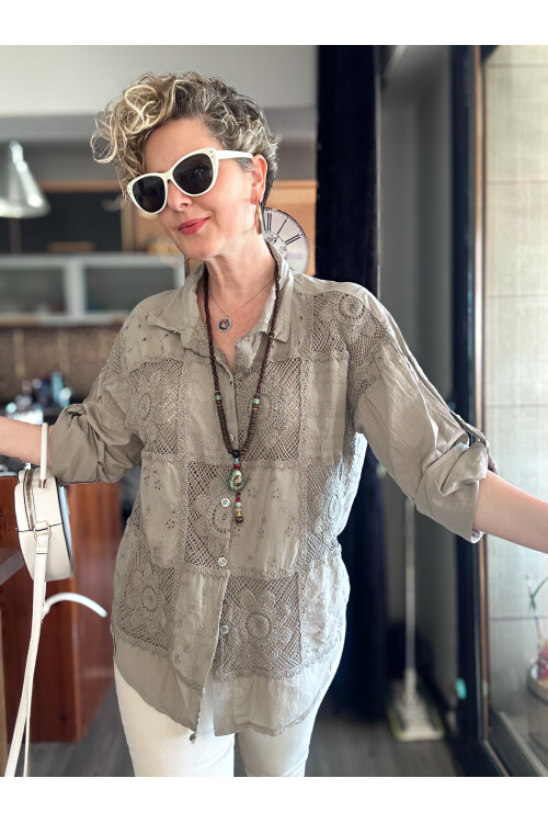 Eyyo İtalyan Fisto Kare Çiçek Desen Gömlek Vizon