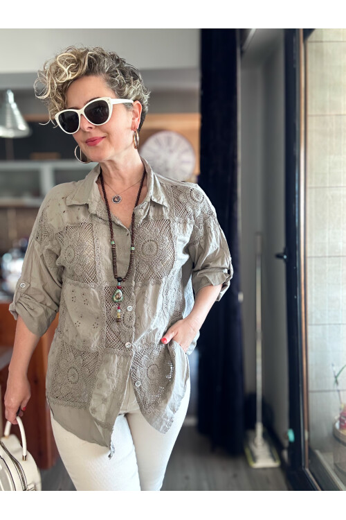 Eyyo İtalyan Fisto Kare Çiçek Desen Gömlek Vizon