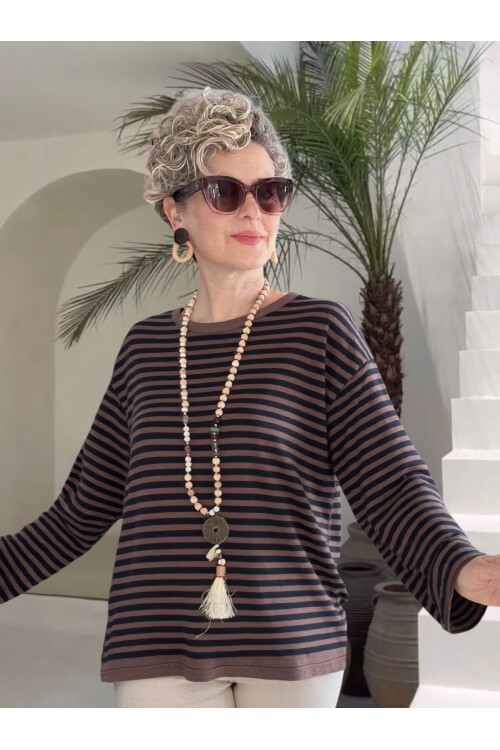 Fabri Çizgili İnce Triko Bluz - Kahve & Siyah