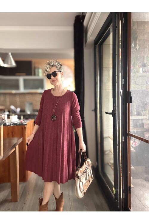 Fabro İtalyan Kolyeli Pilise Detay Elbise Bordo