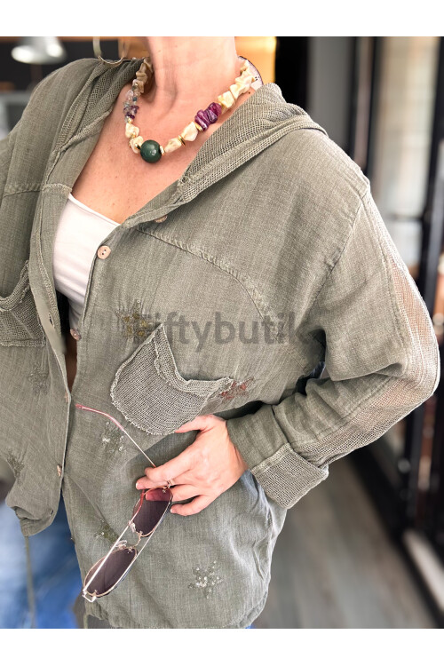 Feliz Yıldız File Detay Pul İşleme Hırka Ceket Haki