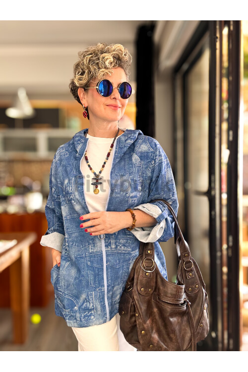 Ferdis Tasarım Desenli Ceket Mavi