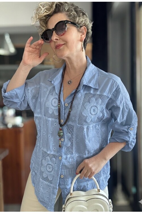 Ferru İtalyan Fisto Kare Çiçek Desen Gömlek Açık İndigo