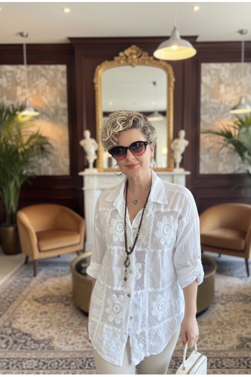 Ferru İtalyan Fisto Kare Çiçek Desen Gömlek Beyaz