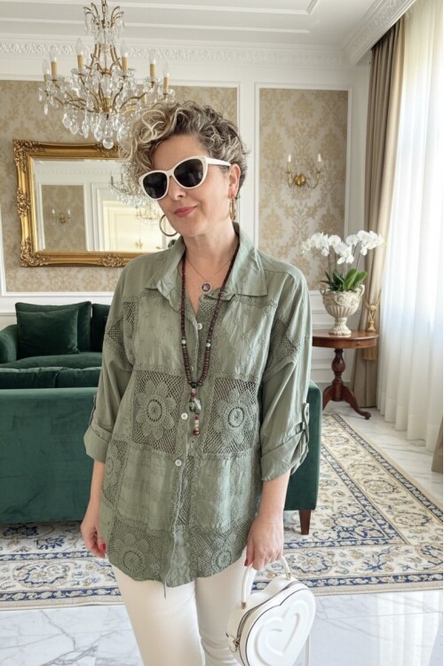 Ferru İtalyan Fisto Kare Çiçek Desen Gömlek Haki