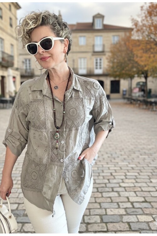 Ferru İtalyan Fisto Kare Çiçek Desen Gömlek Vizon