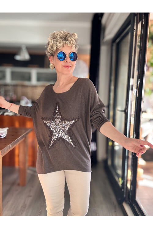 Festa İtalyan Yıldız Pul Detay Triko Kahverengi
