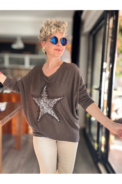 Festa İtalyan Yıldız Pul Detay Triko Kahverengi