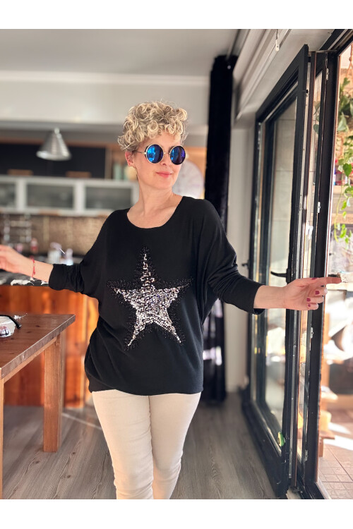 Festa İtalyan Yıldız Pul Detay Triko Siyah